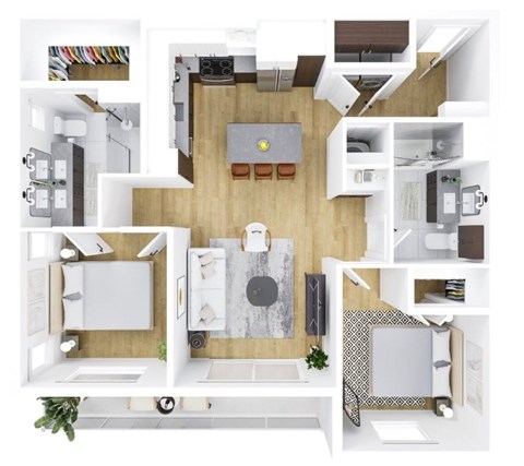 A top-down view of a modern kitchen and living room.